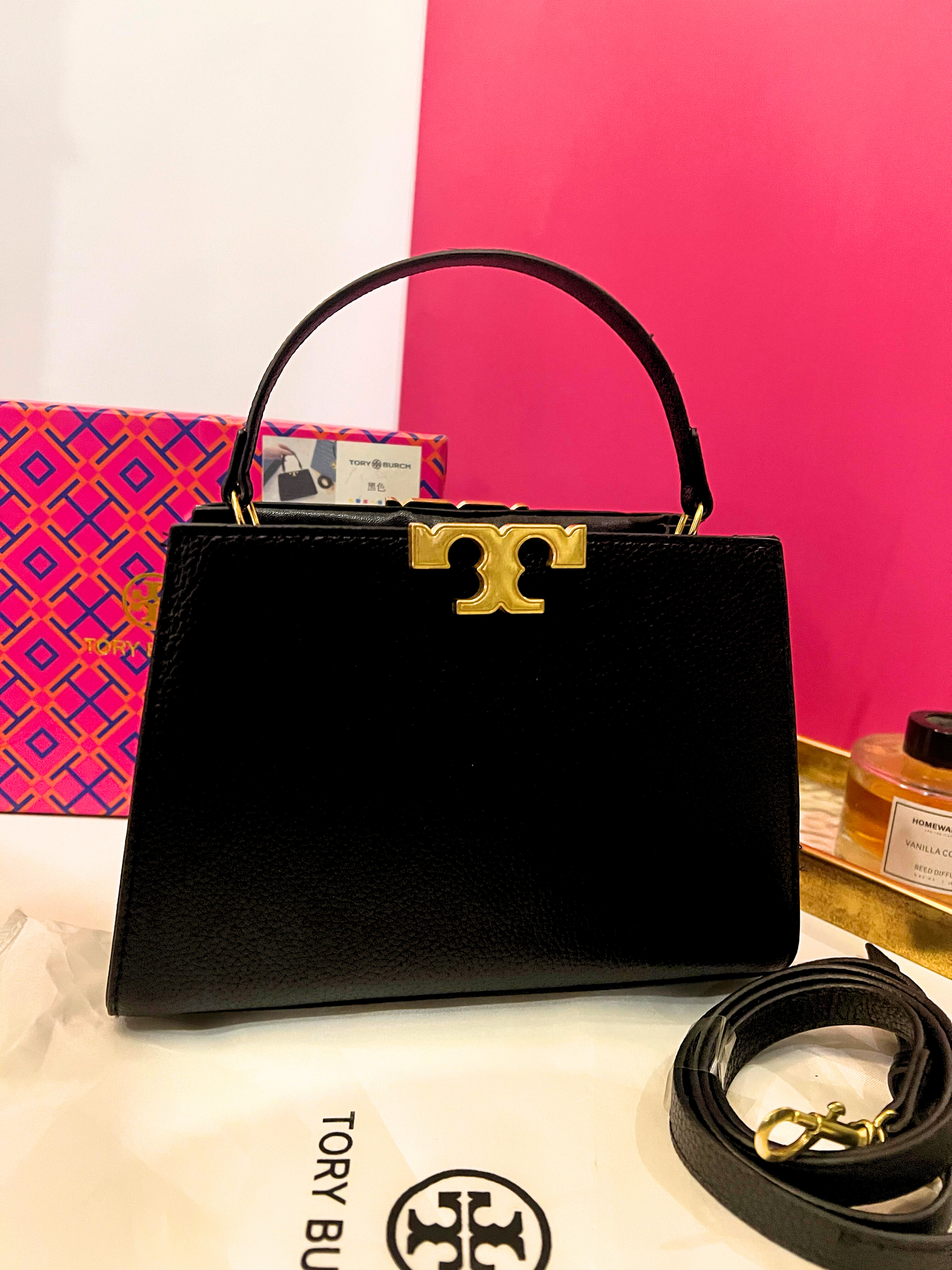 Tory Burch Mini Eleanor Satchel MasterPiece with Long Belt and Brand Details (Black)